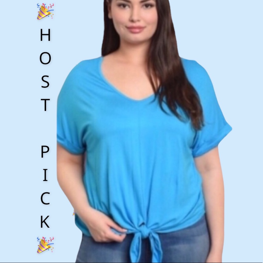 Blue Cuffed Short Sleeve Bottom Tie Top - Picture 1 of 6